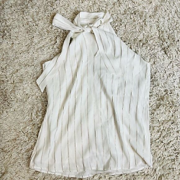 Calvin Klein Metallic Stripe Tie-Neck Halter Top White Size Small - Picture 7 of 11